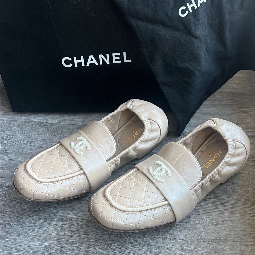 CHANEL Beige Quilted CC Logo Loafers